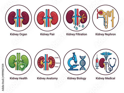 Human Kidney Anatomy and Nephrology Icons - Medical Illustration Set of Filtration, Health, Biology, and Urology Symbols