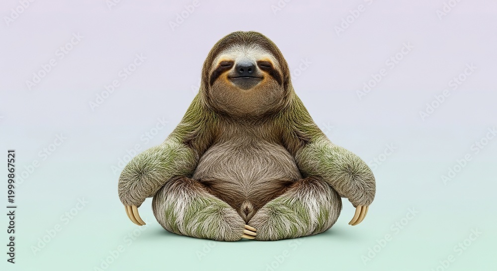 Fototapeta premium A peaceful sloth sits in a cross-legged meditation pose against a solid pastel background, captured with professional studio lighting, yoga, adorable, artistic