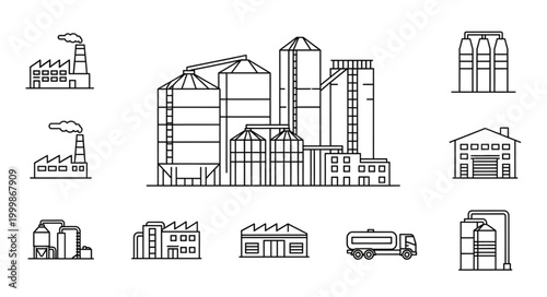 Canvastavla Industrial Buildings and Silos Collection Line Art.