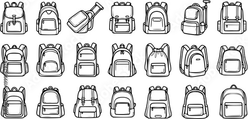 School and Travel Backpacks Line Art Collection. Outline Vector Set of Diverse Rucksacks, School Bags, and Satchels for Education and Adventure.