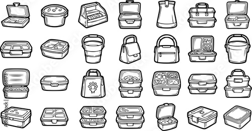 Black and White Line Art Icons of Various Lunch Boxes and Food Containers for Portable Meals