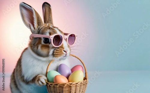 Bunny wearing sunglasses holds a basket of Easter eggs