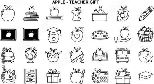 Education and Teacher Gift Concepts: Apple Themed Black and White Line Art Icon Set for School and Learning