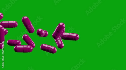 High-quality 3D render of purple medicine capsules or pills falling through the air. Isolated on a green screen background for chroma key use in pharmaceutical or healthcare videos.