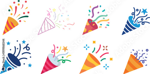 Confetti celebration burst festive party decoration colorful abstract explosion design vector isolated background joyful event holiday carnival sparkle set collection group.
