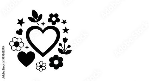 Foto Black and white vector illustration of a heart surrounded by flowers and stars