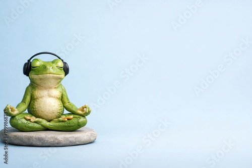 Frog in headphones meditating on a rock