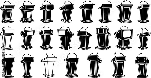 Black and White Line Art of Various Lecterns and Podiums with Microphones, Stock Icons