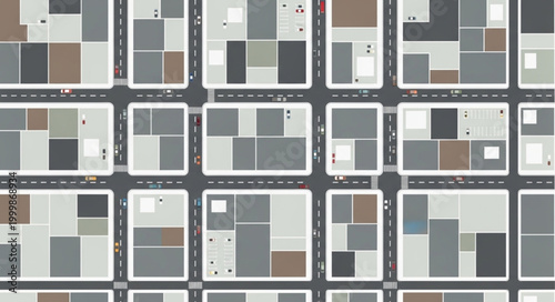 Abstract aerial view of a city grid with buildings and roads.