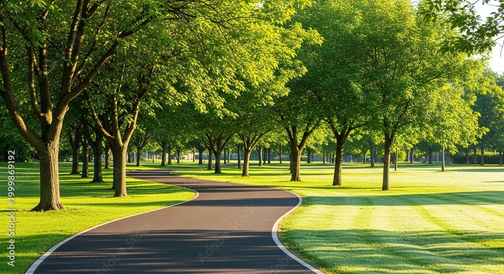 Naklejka premium Sinuous asphalt track curves through a lush green public park surrounded by vibrant trees and fresh grass under a bright morning sunlight, pathway, walking, curve