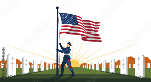 Solemn flag-raising ceremony by a uniformed person in a dignified memorial cemetery, symbolizing national pride and enduring remembrance