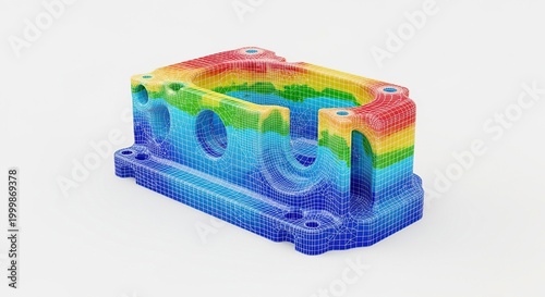 Three dimensional digital model of a mechanical part showing a finite element analysis mesh with color gradient on plain white background, vertices, finite element method, stress