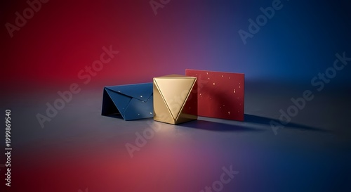 Geometric objects displayed against a gradient background transitioning from red to blue.