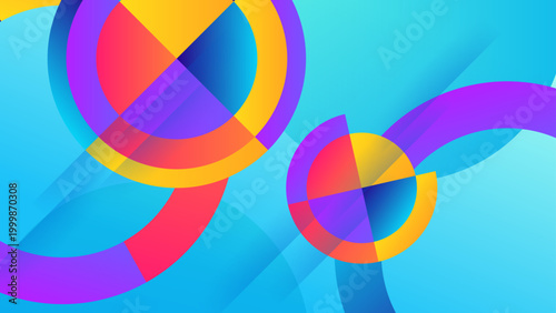 Stylish geometric abstract background featuring overlapping colorful circles and diagonal lines in blue and purple tones