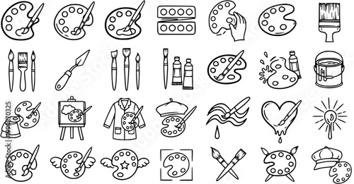 Black and White Line Art Icons of Art Supplies and Tools for Painting