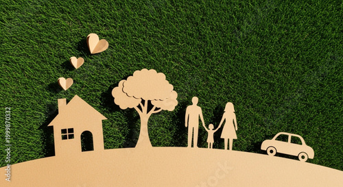 Paper cut out of a happy family with a home, tree, and car on a green grassy background, symbolizing security and belonging