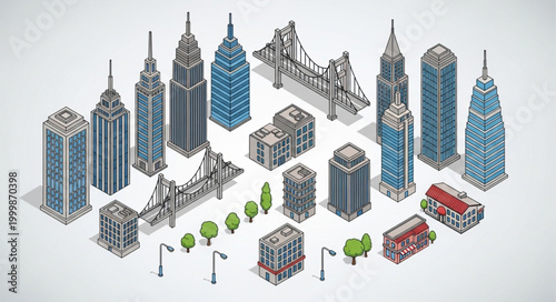 Collection of Isometric City Buildings and Landmarks.