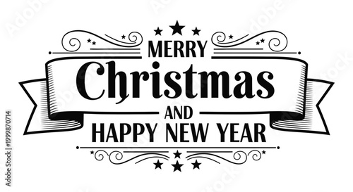 Merry christmas and happy new year text design with black and white christmas greeting celebration