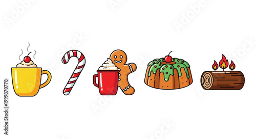 Christmas treats: hot chocolate candy cane gingerbread man bundt cake yule log with christmas, chocolate