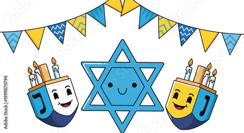 Happy hanukkah illustration with dreidels menorah star festive bunting hanukkah celebration festival