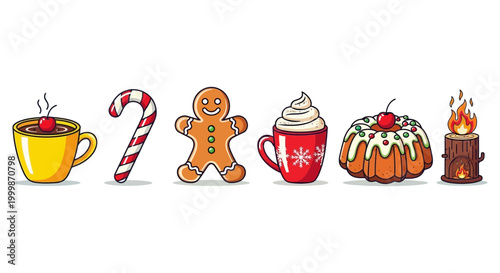 Collection of festive holiday treats including hot chocolate candy cane gingerbread man cake candle
