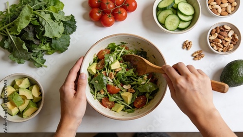 Top-down view of hands preparing a fresh, vibrant green salad with assorted healthy ingredients for a nutritious, homemade meal at home