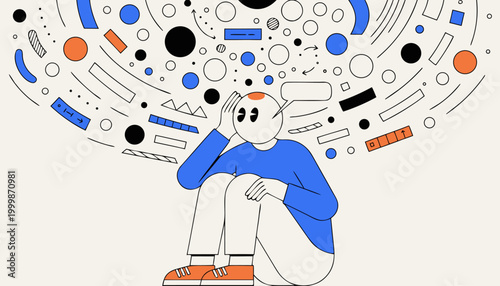 Stressed human figure sits centered with chaotic thoughts swirling overhead in blue orange and black