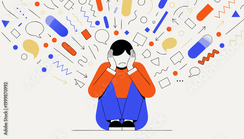 Stressed human figure sitting overwhelmed by chaotic thoughts and emotions