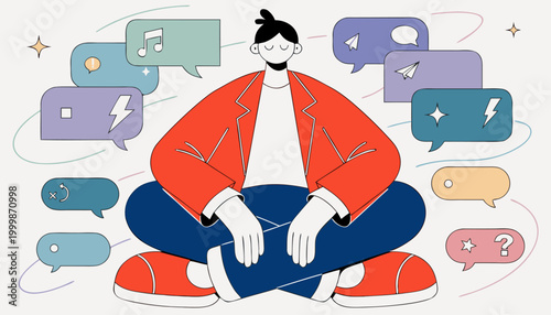 Person meditating with muted social media notifications around them in colorful speech bubbles on white background