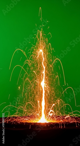 Brilliant cascade of orange sparks erupts vertically against a vivid green background