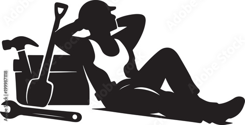 Black silhouette of a tired worker with tools Vector