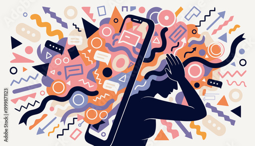 Overwhelmed woman with exploding smartphone into abstract shapes and colors