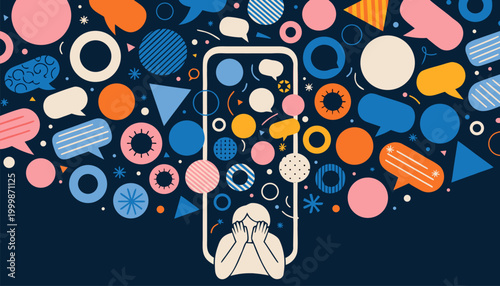 Overwhelmed person with hands on face as smartphone explodes into colorful abstract shapes and symbols