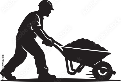 Man pushing a loaded wheelbarrow Vector