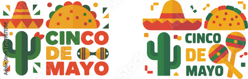 Cinco De Mayo Celebration Graphic Set with Sombrero Taco Cactus and Maracas Decorative Flat Vector Illustrations for Mexican Fiesta Events
