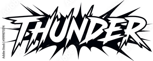 Comic book style thunder word in bold white letters