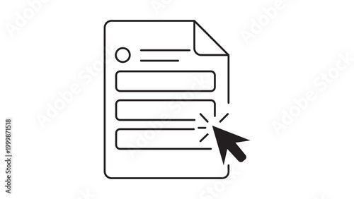 Minimalist black line vector icon illustration of a document form with input fields and a mouse cursor clicking, representing online registration, digital application, or data entry process.