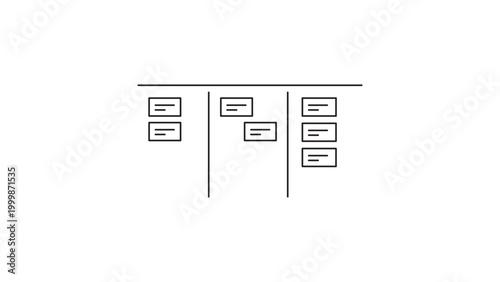 Kanban Board Vector Icon Illustration: A minimalist black line hand-drawn style drawing on a white background representing a three-column Kanban board for project management and task tracking.