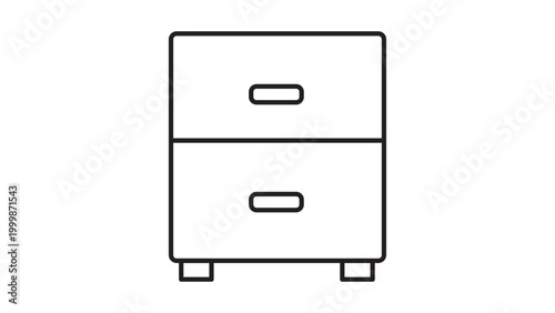 A minimalist black line vector icon of a two-drawer file cabinet on a white background, representing office storage and organization, perfect for business and administrative design projects.