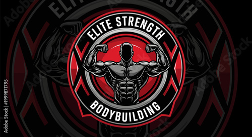 Elite Strength Bodybuilding Logo with Muscular Man Illustration.