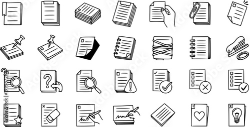Konstfotografi Hand-drawn Black and White Line Art Document and Office Productivity Icons Set