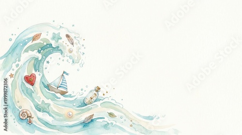 Painted ocean wave carries a sailboat, red heart, bottle, shells, stars, and feathers gently