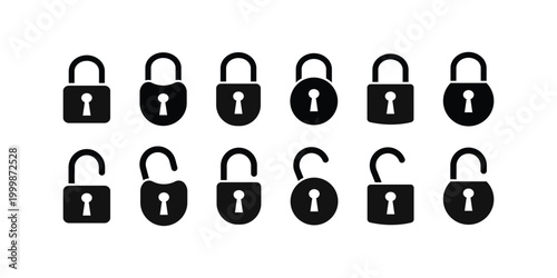 Collection of black padlock icons representing security and access in different open and closed states