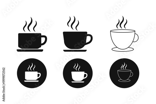 Collection of stylized hot beverage icons representing coffee and tea mugs with steam