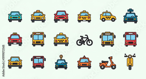 Collection of pixel art vehicles including cars taxis buses and a scooter.