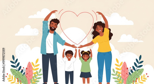 Family forming heart shape with hands overhead, celebrating love and togetherness in a vibrant, nature-inspired setting with plants and clouds