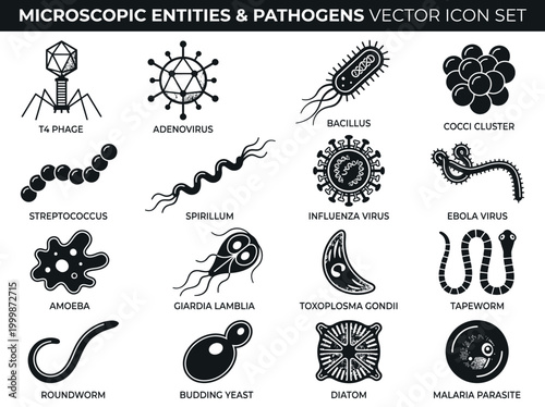 Pathogen and Microscopic Entities Vector Icon Set - Virus, Bacteria, Parasites, and Microorganisms Collection for Science and Medical Design