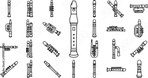 Music Instruments Line Art Icons - Collection of Recorders, Flutes, Clarinets, and Wind Instruments in Outline Style
