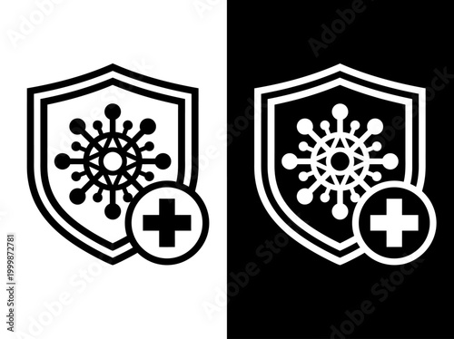 Immunity Protection Shield Icon with Virus and Medical Cross Symbol, Bacteria Defense and Healthcare Concept Vector Illustration