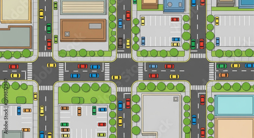 Quadro su tela Aerial view of a busy city intersection with traffic and buildings